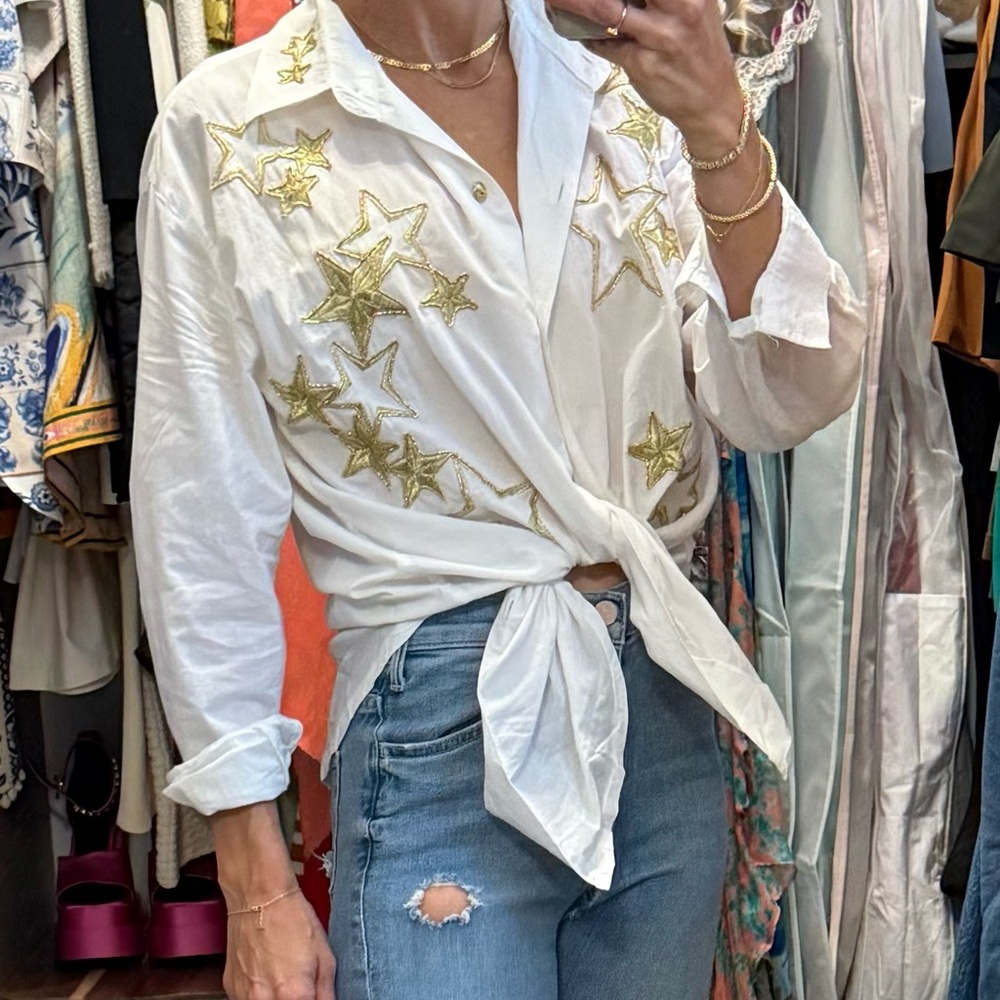 Monaliza White Button Down w/ Gold Star Embroidery | Statement Shirt